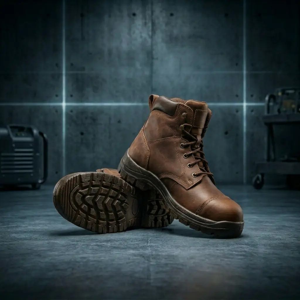 Premium brown leather industrial safety boots and work shoes