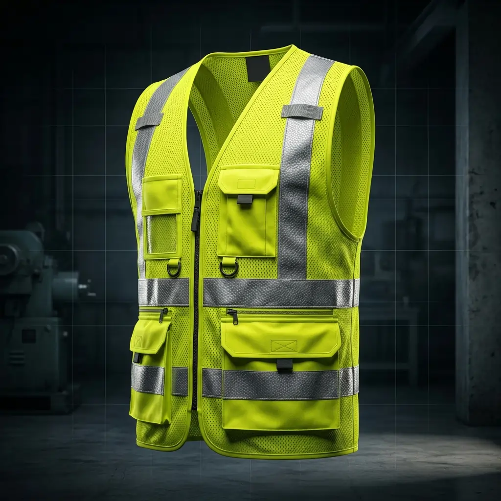High visibility reflective safety vest product on neutral background