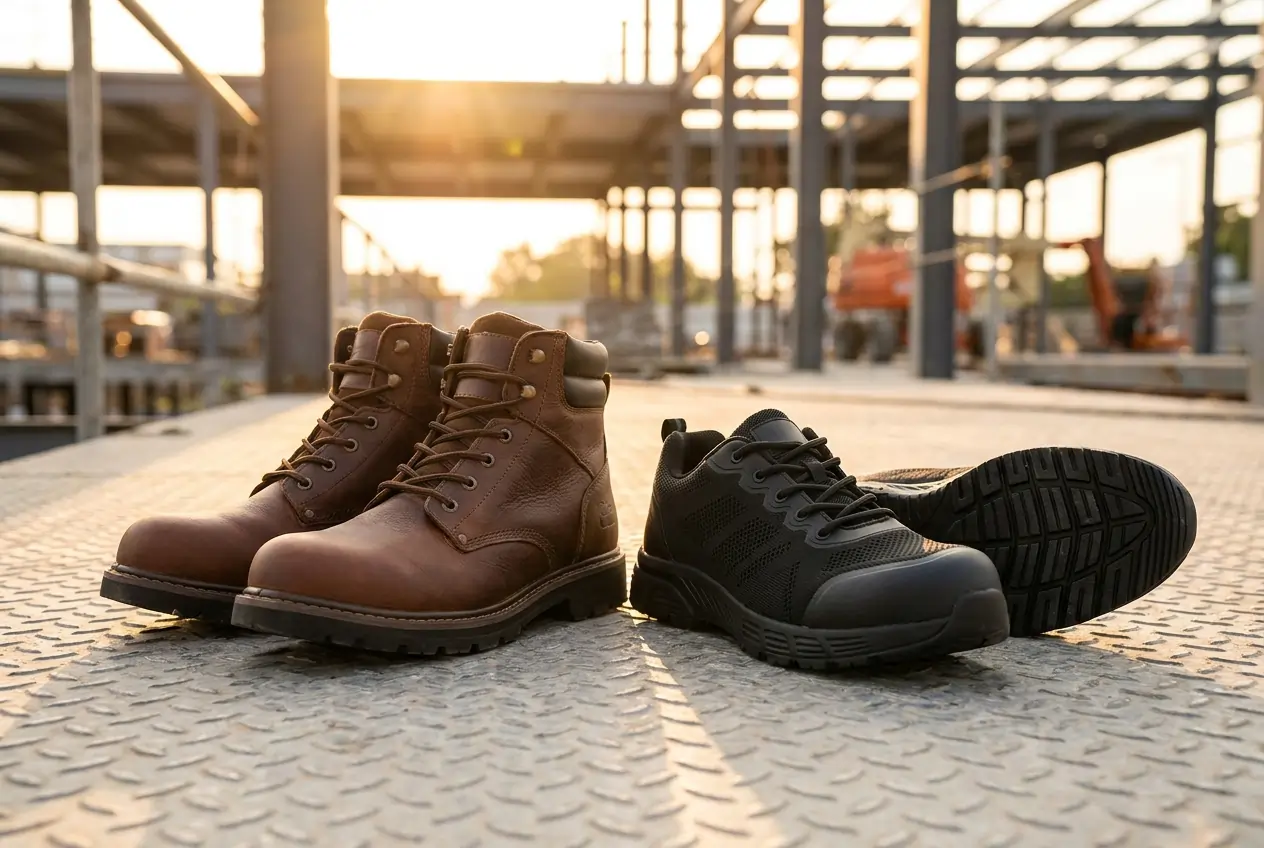 Industrial safety shoes and leather work boots on a construction-site surface