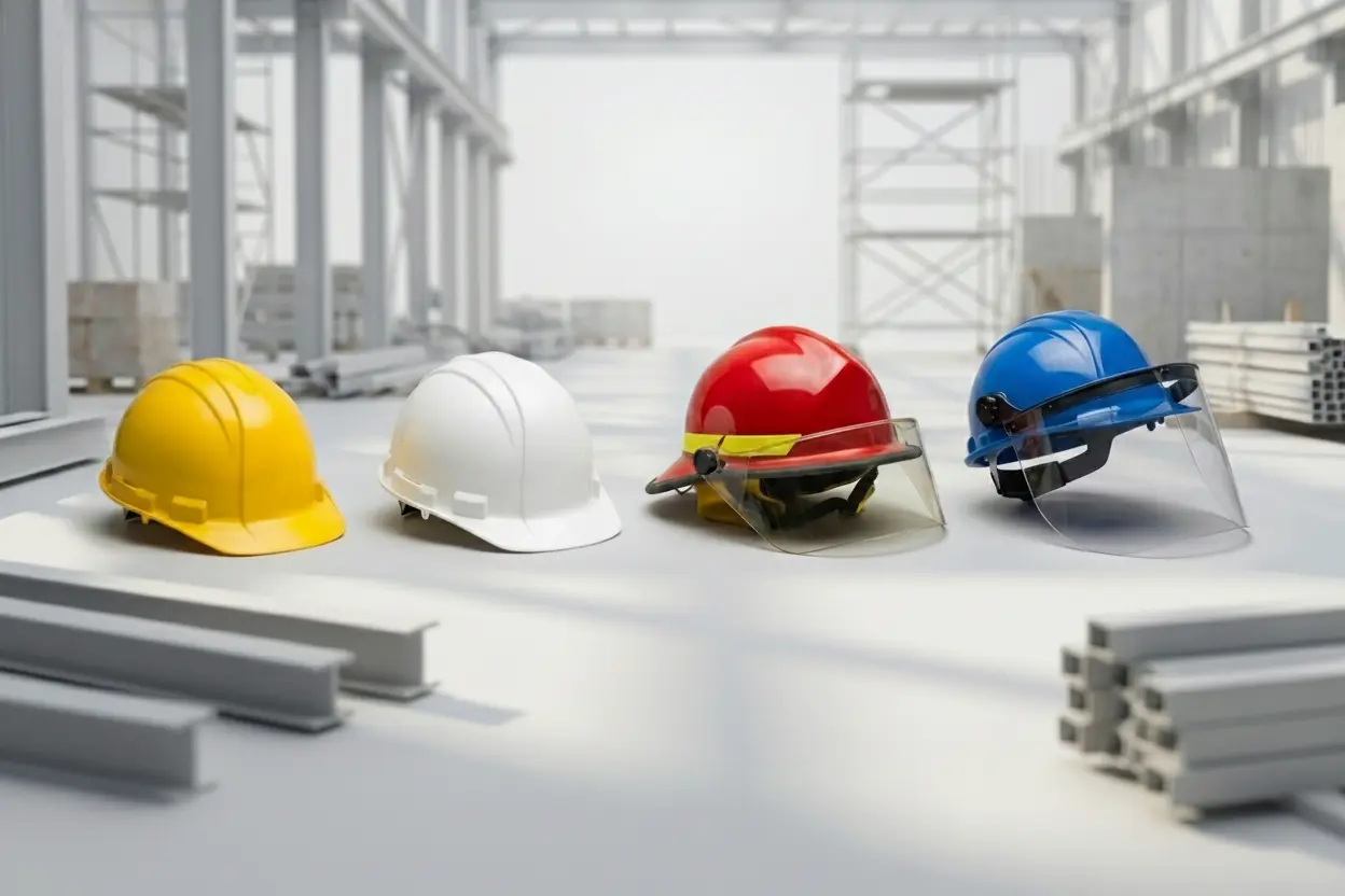 Safety helmets and hard hats with protective eyewear on a bright surface