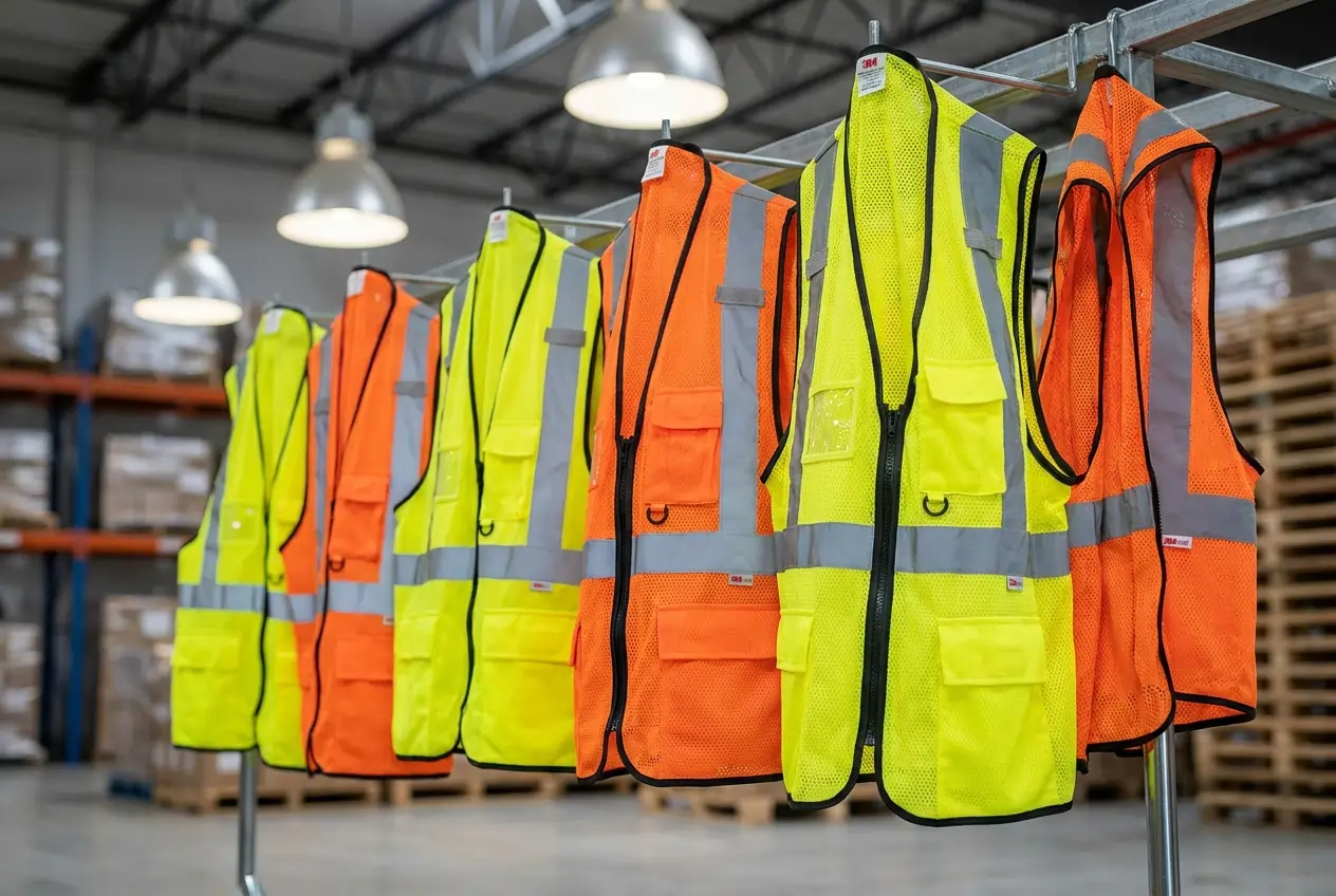 High visibility safety vests in yellow and orange for industrial and warehouse use